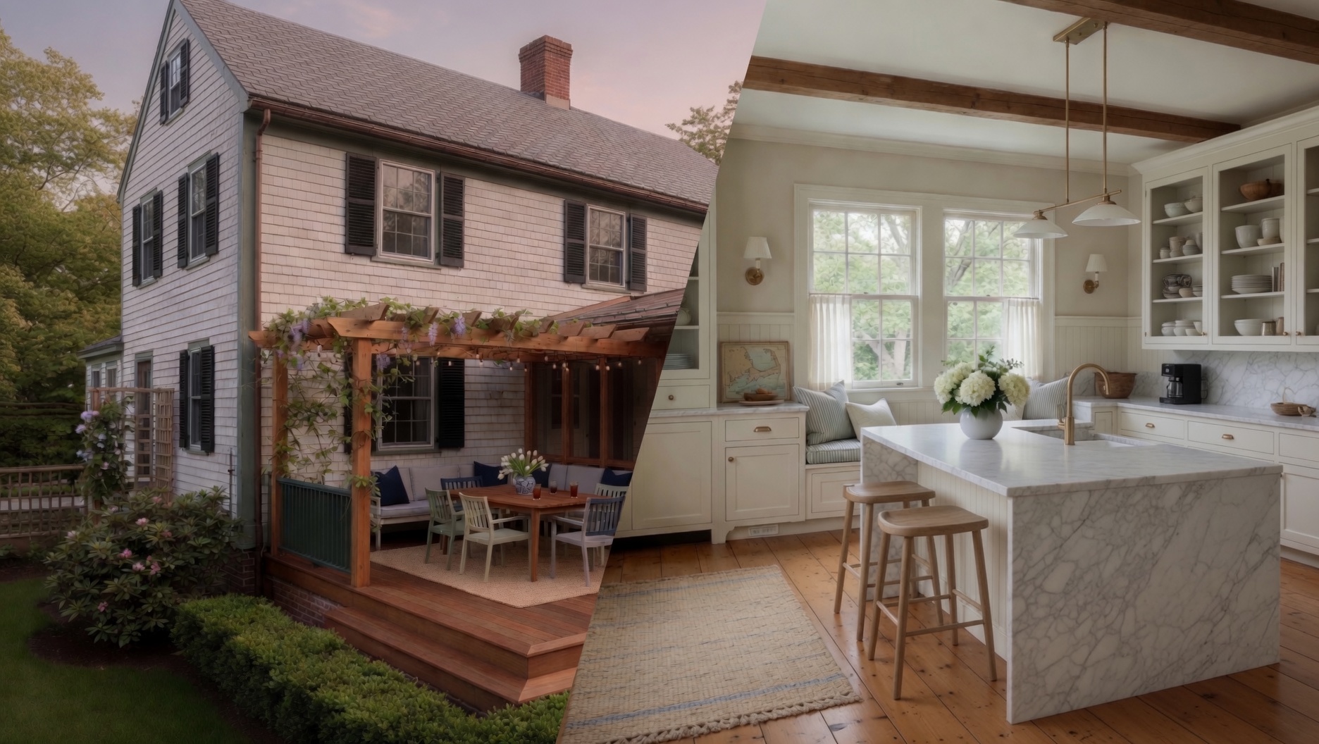 Split hero: home exterior with deck at dusk alongside a bright remodeled kitchen with marble island